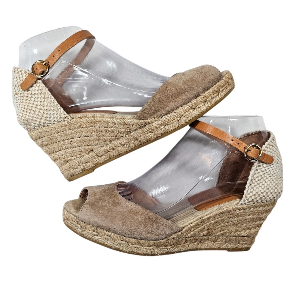 Kanna Made in Spain Taupe Suede Peep Toe Espadrille Wedge Sandals Size 6.5